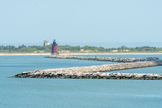 The East End Lighthouse sits at the end of the breakwater in Cape Henlopen State Park, Lewes, Delaware