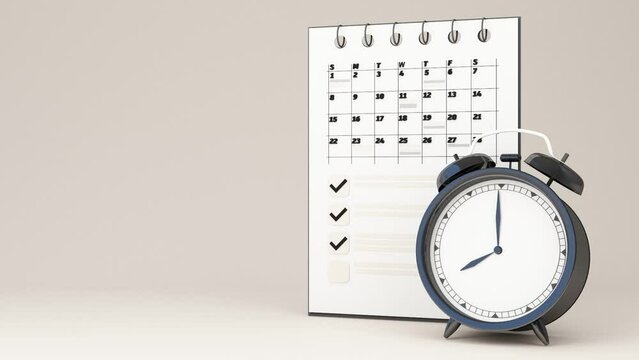 Week working day and holiday concept surrounded by work charts and yellow clock with calendar on white background. 3d rendering