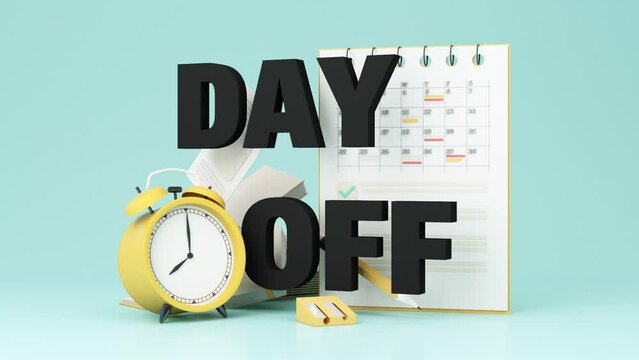 Week working day and holiday concept surrounded by work charts and yellow clock with calendar on green background. 3d rendering