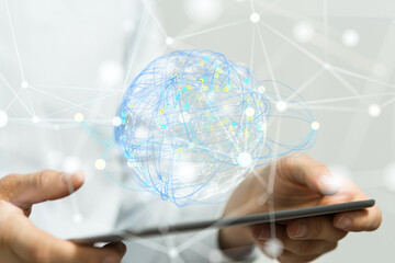 Global network. Blockchain. 3D illustration. Neural networks and artificial intelligence. Abstract