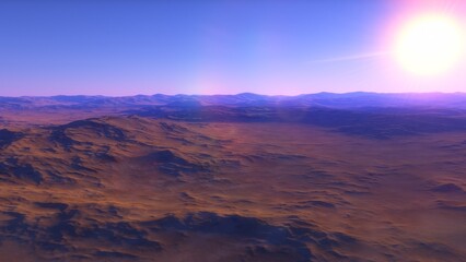Mars like red planet, with arid landscape, rocky hills and mountains, for space exploration and science fiction backgrounds.
