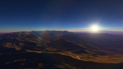 Mars like red planet, with arid landscape, rocky hills and mountains, for space exploration and science fiction backgrounds.

