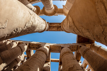 Different hieroglyphs on the walls and columns in the Karnak temple. Karnak temple is the largest complex in ancient Egypt.