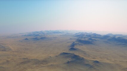 Mars like red planet, with arid landscape, rocky hills and mountains, for space exploration and science fiction backgrounds.
