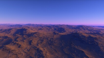 Mars like red planet, with arid landscape, rocky hills and mountains, for space exploration and science fiction backgrounds.
