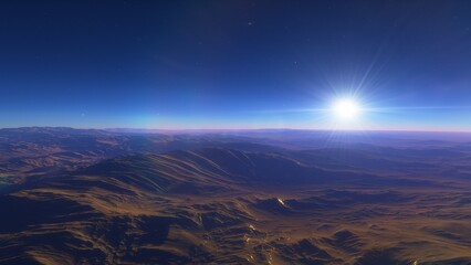 Mars like red planet, with arid landscape, rocky hills and mountains, for space exploration and science fiction backgrounds.
