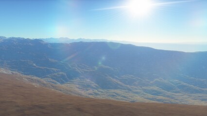 Mars like red planet, with arid landscape, rocky hills and mountains, for space exploration and science fiction backgrounds.
