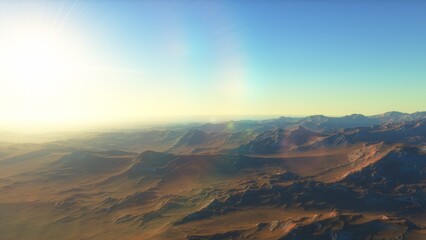 Naklejka premium Mars like red planet, with arid landscape, rocky hills and mountains, for space exploration and science fiction backgrounds. 