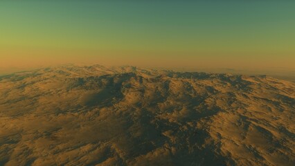 Mars like red planet, with arid landscape, rocky hills and mountains, for space exploration and science fiction backgrounds.
