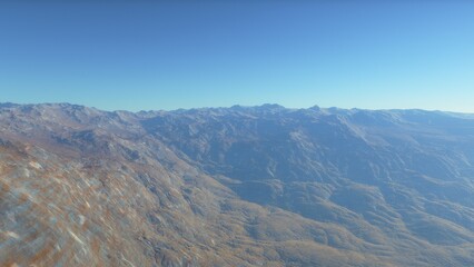 Mars like red planet, with arid landscape, rocky hills and mountains, for space exploration and science fiction backgrounds.
