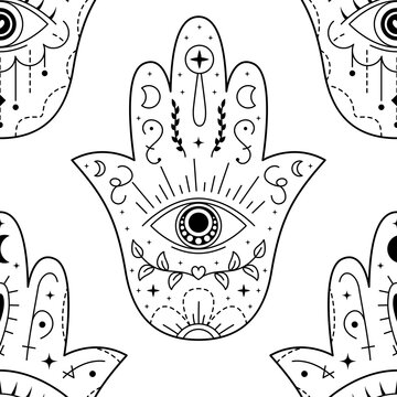 Ornament card with hamsa. Geometric line art vector. Talisman ornamental hamsa seamless pattern