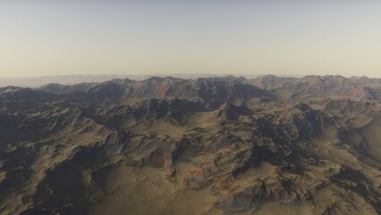 Mars like red planet, with arid landscape, rocky hills and mountains, for space exploration and science fiction backgrounds.
