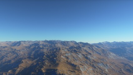 Mars like red planet, with arid landscape, rocky hills and mountains, for space exploration and science fiction backgrounds.
