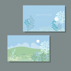 invitation cards in blue color with landscape field, sun, clouds,