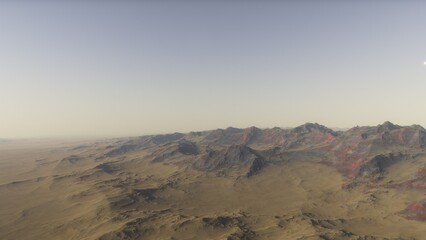 Mars like red planet, with arid landscape, rocky hills and mountains, for space exploration and science fiction backgrounds.
