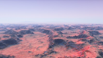 Fototapeta na wymiar Mars like red planet, with arid landscape, rocky hills and mountains, for space exploration and science fiction backgrounds. 