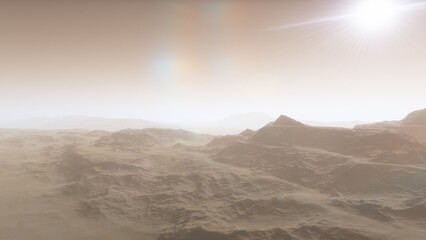 Fototapeta premium Mars like red planet, with arid landscape, rocky hills and mountains, for space exploration and science fiction backgrounds. 