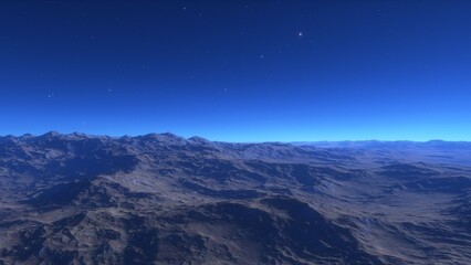 Mars like red planet, with arid landscape, rocky hills and mountains, for space exploration and science fiction backgrounds.
