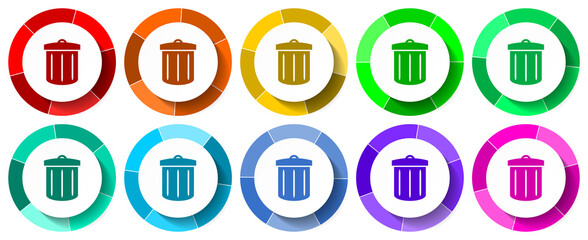 Bin icon set, garbage flat design vector illustration in 10 colors options for mobile applications and webdesign