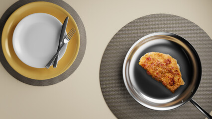 Obraz na płótnie Canvas Mesa com panela com ovo / omellete frito na frigideira vista vertical