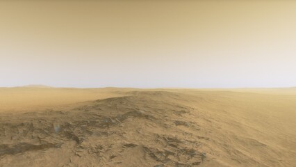 Mars like red planet, with arid landscape, rocky hills and mountains, for space exploration and science fiction backgrounds.
