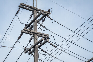 Electric poles, cables and electric poles systematically arranged, electrical and lightning poles...