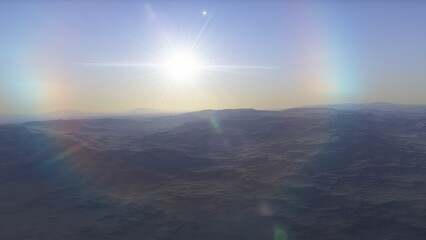 Mars like red planet, with arid landscape, rocky hills and mountains, for space exploration and science fiction backgrounds.
