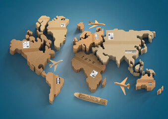Carton world map. Global logistics, shipping and worldwide delivery business, 3d illustration © POSMGUYS