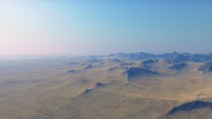 Mars like red planet, with arid landscape, rocky hills and mountains, for space exploration and science fiction backgrounds.
