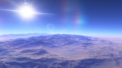 Mars like red planet, with arid landscape, rocky hills and mountains, for space exploration and science fiction backgrounds.
