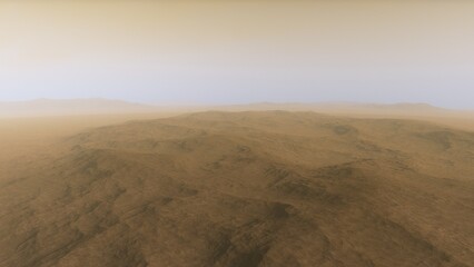 Mars like red planet, with arid landscape, rocky hills and mountains, for space exploration and science fiction backgrounds.
