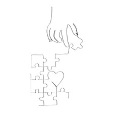 continuous line art drawing of hand holding puzzle piece