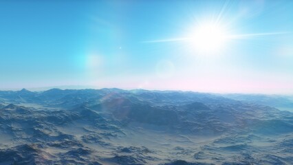 Mars like red planet, with arid landscape, rocky hills and mountains, for space exploration and science fiction backgrounds.
