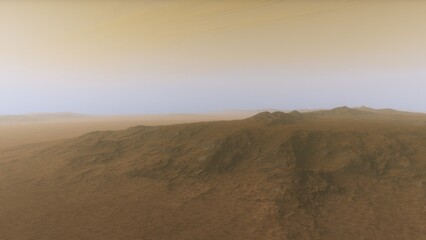 Mars like red planet, with arid landscape, rocky hills and mountains, for space exploration and science fiction backgrounds.
