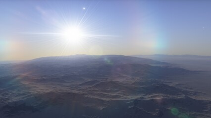 Mars like red planet, with arid landscape, rocky hills and mountains, for space exploration and science fiction backgrounds.
