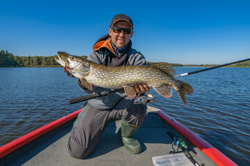 Successful pike fishing. Happy fisherman hold huge muskie fish