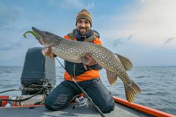 Successful pike fishing. Happy fisherman hold huge muskie fish