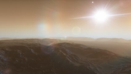 Mars like red planet, with arid landscape, rocky hills and mountains, for space exploration and science fiction backgrounds.
