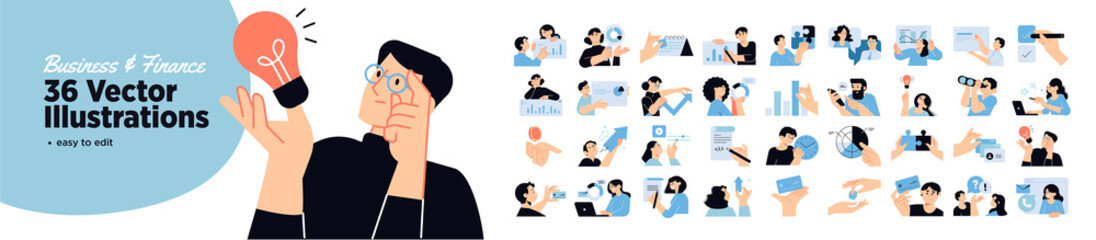Naklejka premium Set of business and finance people illustrations. Flat design vector illustrations of business, management, payment, market research and data analysis, communication. 