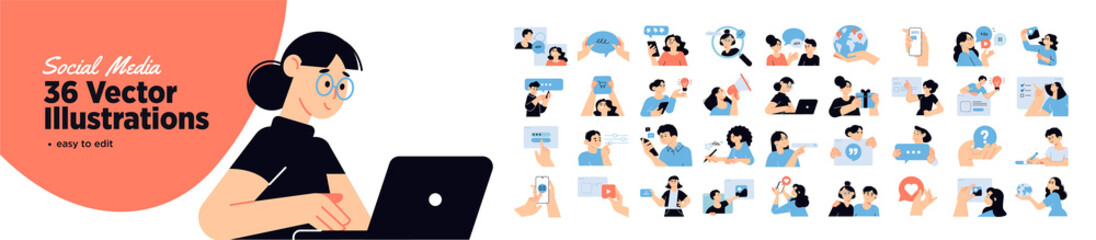 Set of social media people illustrations. Flat design vector illustrations of social network, digital marketing, online communication, internet services.  - obrazy, fototapety, plakaty
