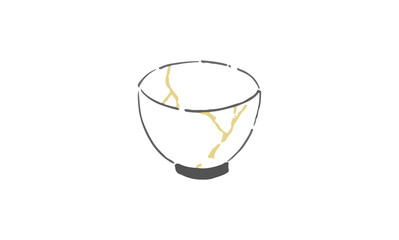 お皿　茶碗　金継ぎの線画イラスト