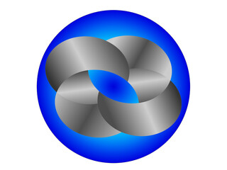 Grafika wektorowa będąca projektem logo, znaku firmowego. Jest to trójwymiarowy obiekt złożony z czterech pętli, umieszczony na niebieskim tle.  - obrazy, fototapety, plakaty