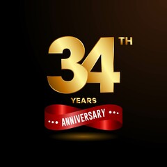 34 years anniversary logo with red ribbon for booklet, leaflet, magazine, brochure poster, banner, web, invitation or greeting card. Vector illustrations.