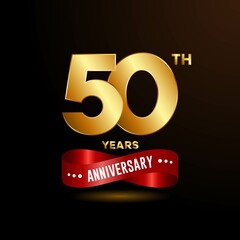 50 years anniversary logo with red ribbon for booklet, leaflet, magazine, brochure poster, banner, web, invitation or greeting card. Vector illustrations.