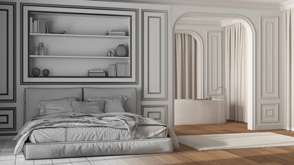 Architect interior designer concept: hand-drawn draft unfinished project that becomes real, neoclassic bedroom and bathroom. Bed and freestanding bathtub. Molded walls and parquet