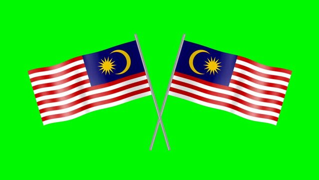 Waving two crossed flag of malaysia animation with steel pole isolated on green screen.