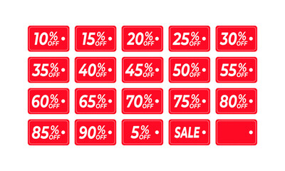 10%, 20%, 25%, 25% ,30%, 40%, 50%, 60%, 70%, 80%, 90% Discount. Sale tags set vector template. Discount Sticker Offer Prices For Promotions On Poster , Banners etc . Eps 10
