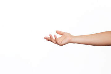 Fototapeta A caucasian female outstretched hand makes a gesture like holding something or asking for help isolated on a white background. Mockup with empty copy space for a intended object obraz