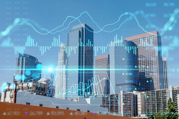 Panorama cityscape of Los Angeles downtown at day time, California, USA. Skyscrapers of LA city. Glowing forex graph hologram. The concept of internet trading, brokerage and fundamental analysis