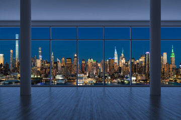 Fototapeta na wymiar Midtown New York City Manhattan Skyline Buildings from High Rise Window. Beautiful Expensive Real Estate. Empty room Interior Skyscrapers View Cityscape. Night time. west side. 3d rendering.